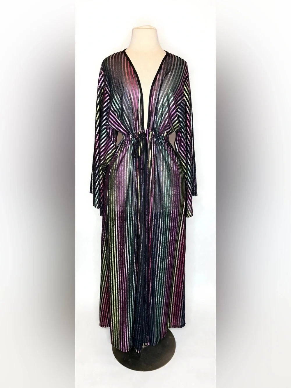 TAMO Design L Metallic Rainbow Stripe Sheer Maxi Duster Kimono Festival